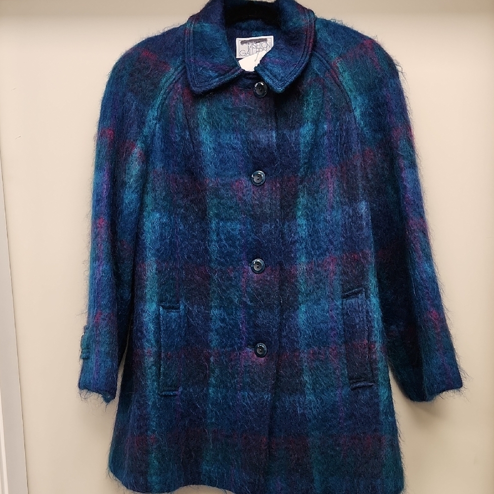 Vintage-Styled Women's Blue Plaid Mohair Coat by Sigrid Olsen